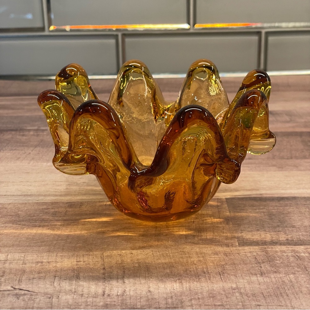 Vintage Amber Hand Blown Art Glass 8 Finger Swung Bowl Ashtray 3" Tall 5" Wide